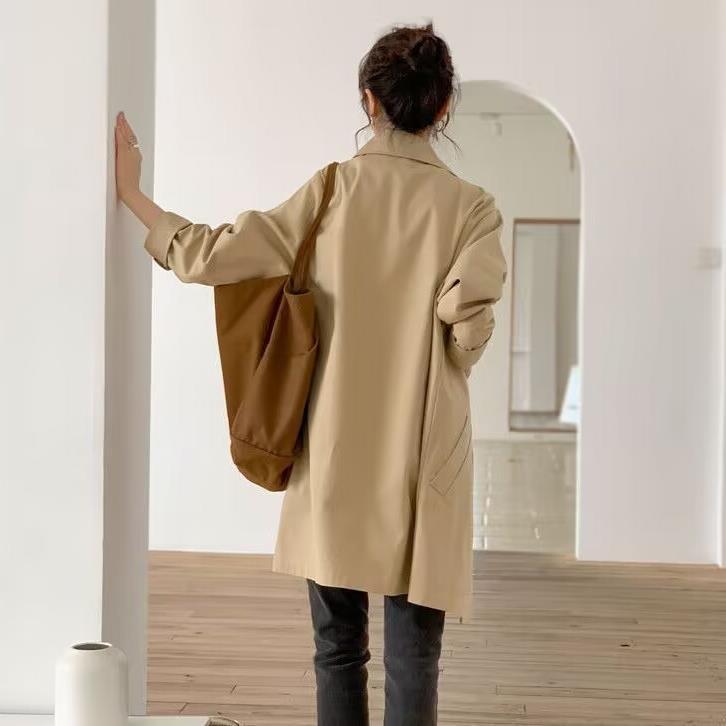 トレンチコート レディース 春秋 韓国 ゆったり ミドル丈 トップス 無地 アウター カジュアル 長袖 カ..