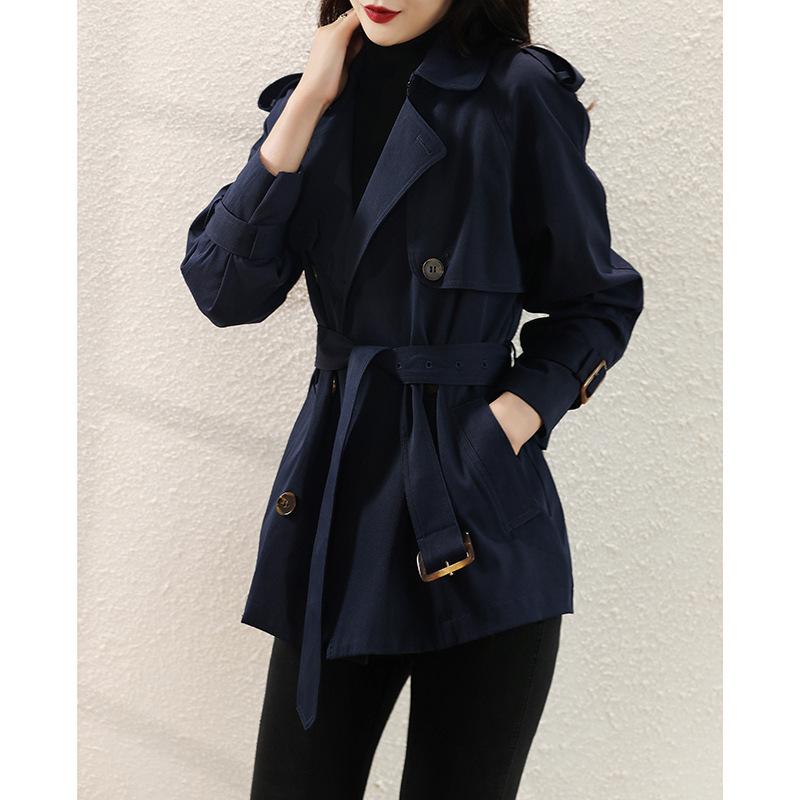 トレンチコート レディース 小柄 英国風 ベルト 長袖 トップス ポリエステル 無地 ダブルブレスト 紺色..