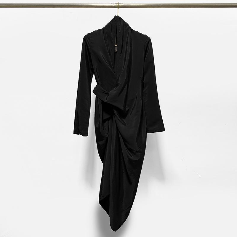 ワンピース レディース Vネック 長袖 膝丈 ポリエステル ブラック 黒 タイト スリムフィット 着痩せ効..