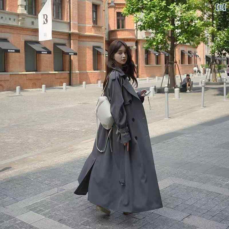 トレンチコート レディース 高身長 グレー スプリングコート ロング丈 アンクル丈 アウター 無地 スーツ襟 ポケット ミルクティー オフホワイト 黒 カーキ 緑がかった茶色