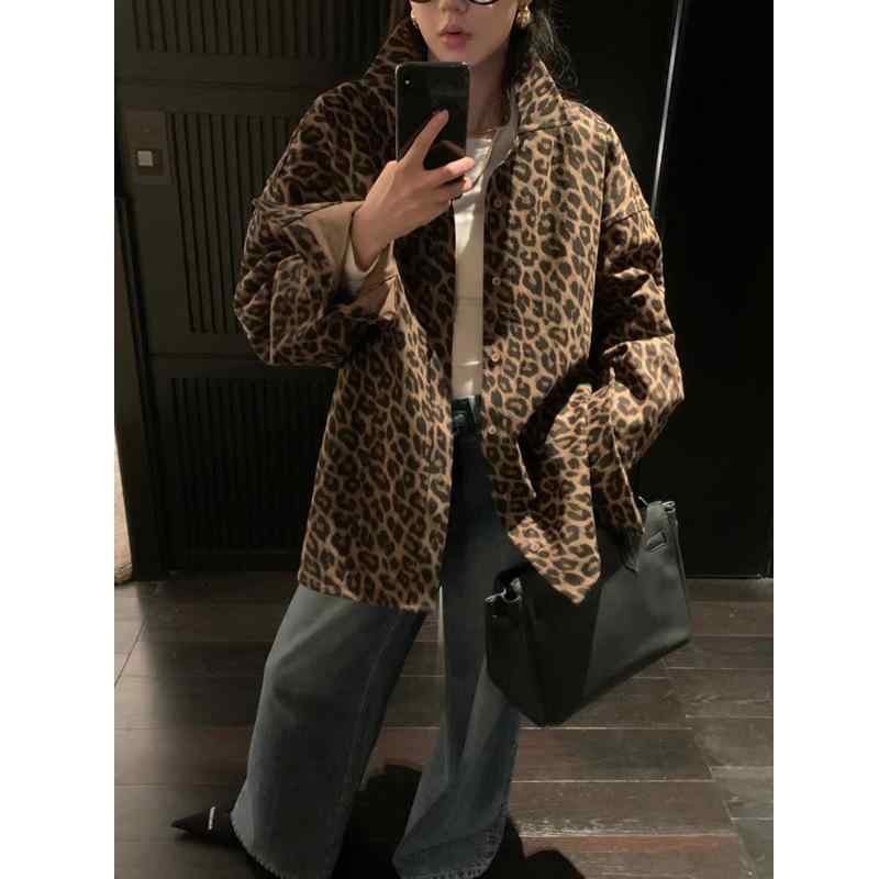 シャツ レディース レトロ ヒョウ柄 ポロ襟 ブラウス アウター 秋冬 ゆるかわ 中長丈 ポリエステル 風通る ストリート