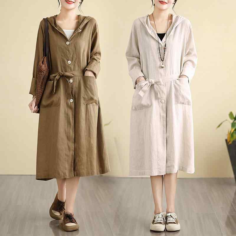 アウター レディース 大きいサイズ フード付き 防風 UVカット Aライン ロング丈 長袖 コットンリネン混紡 カーディガン ジャケット カーキ 藍色