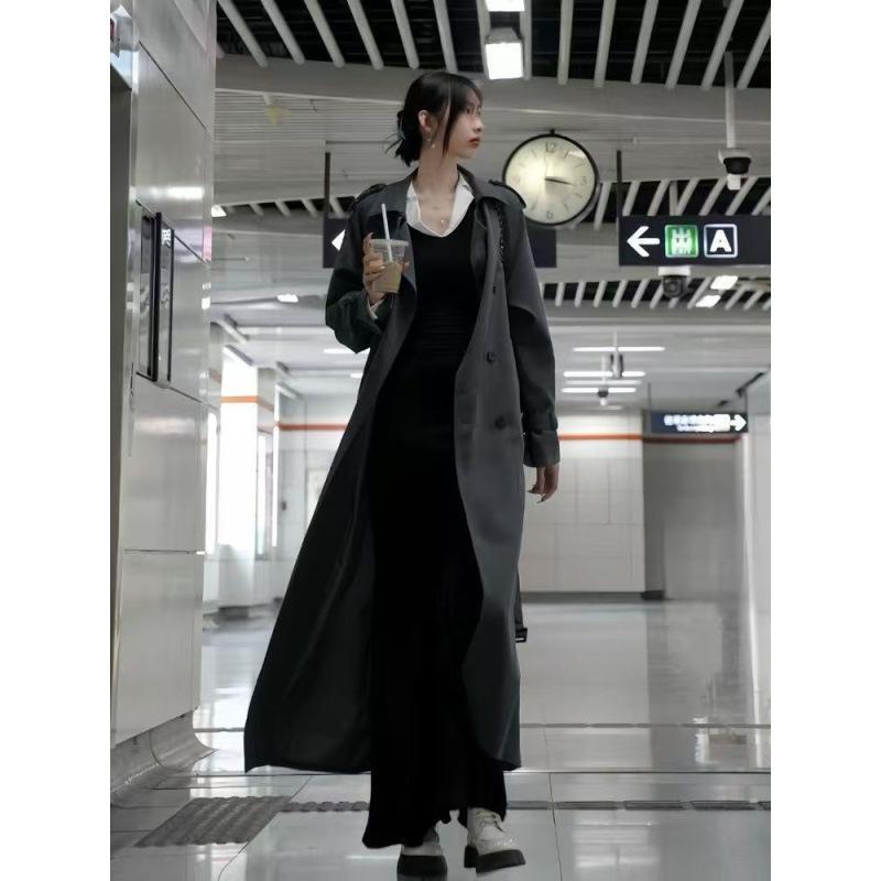 トレンチコート レディース 高身長 ロング丈 グレー ロングコート 春秋 ポリエステル 大判サイズ ゆったりサイズ 体型カバー