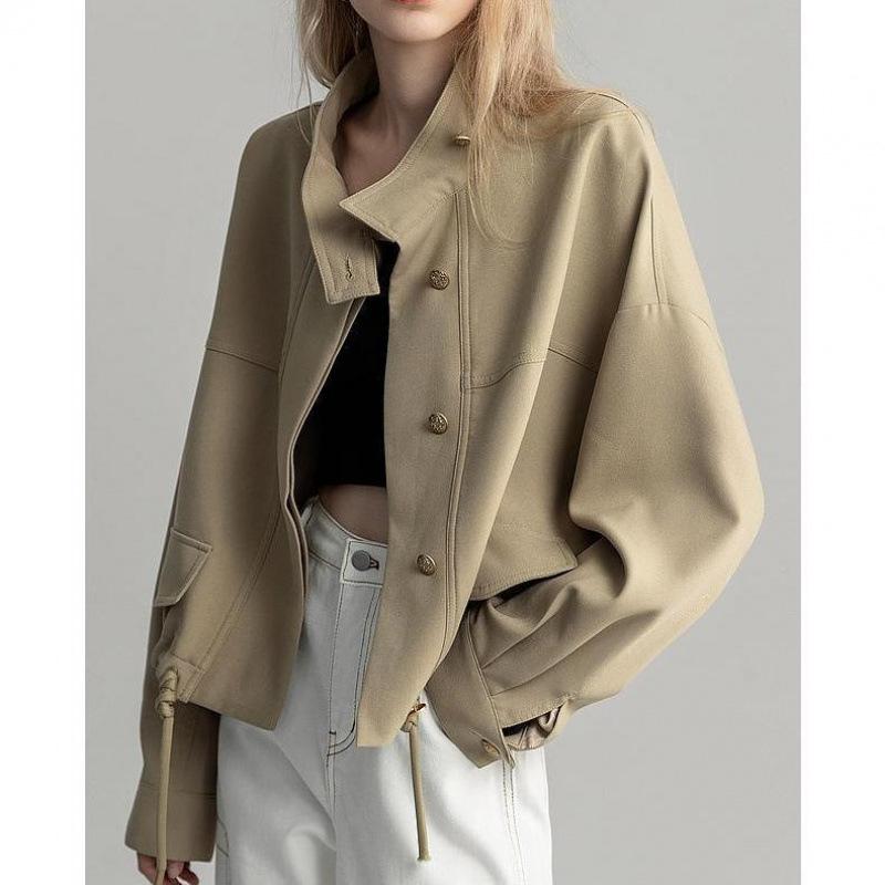 トレンチコート レディース 秋物 アウター ショート丈 立襟 コットン 通勤 オフィス カジュアル エレガ..