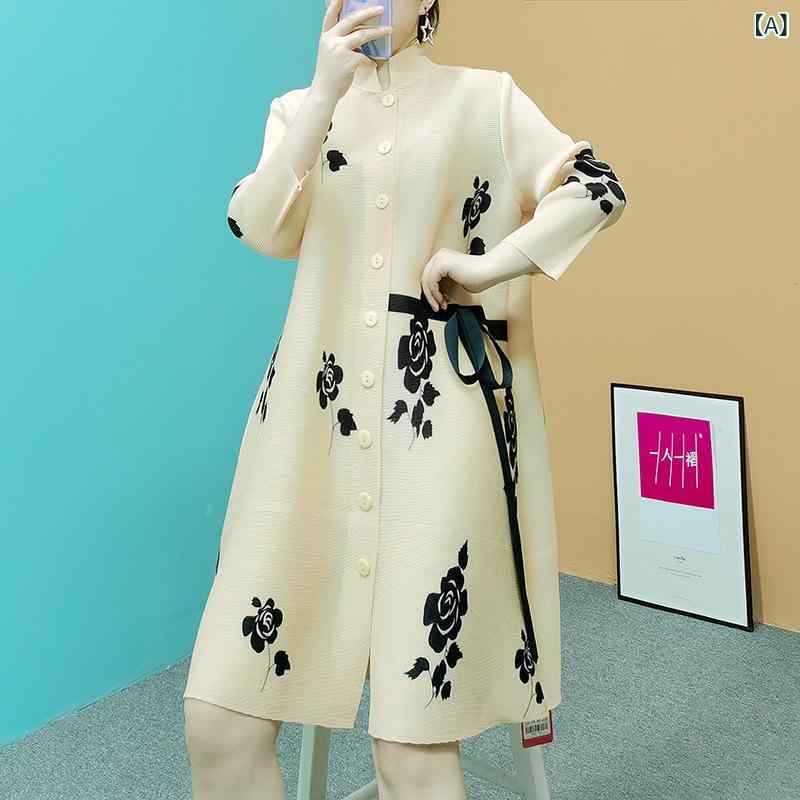 スプリングコート レディース 褶皱 立襟 ポリエステル プリント柄 ロング丈 薄手 中国風 アプリコット