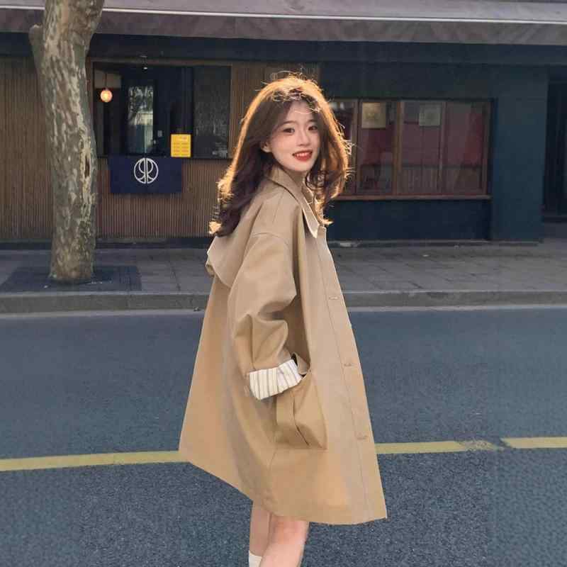 トレンチコート レディース 春秋 ストライプ柄 ミドル丈 ゆったりシルエット シングルブレスト カーキ