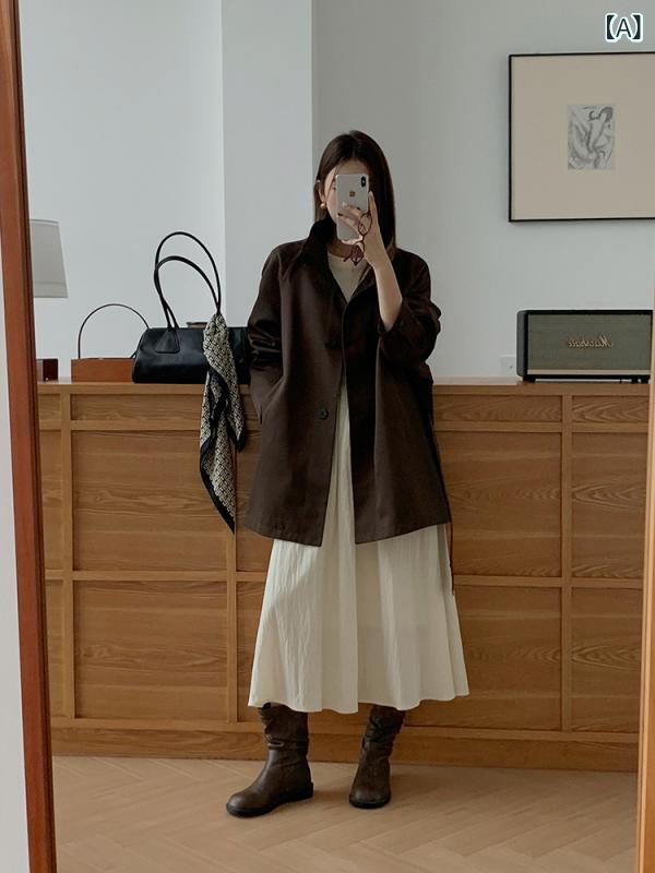 トレンチコート レディース 秋冬 ロング丈 ポリエステル 無地 ゆったり 長袖 ラウンドネック ブラウン系(x5)