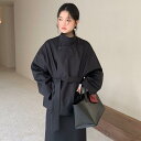 コート レディース 春秋 天丝コットン 立襟 ショート丈 ゆったりシルエット 黒 カーキ ポケット付き