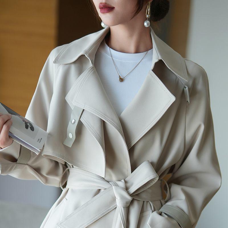 トレンチコート レディース 米白 ポリエステル ベルト付き ロング丈 ゆったり 体型カバー シワになりにくい