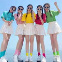 Tシャツ レディース 百褶スカート セットアップ 発表会 ダンス 衣装 カラフル イベント パステルカラー 膝丈スカート 半袖 ラウンドネック コットン ギャザースカート かわいい ガーリー フェミニン カジュアル 春夏