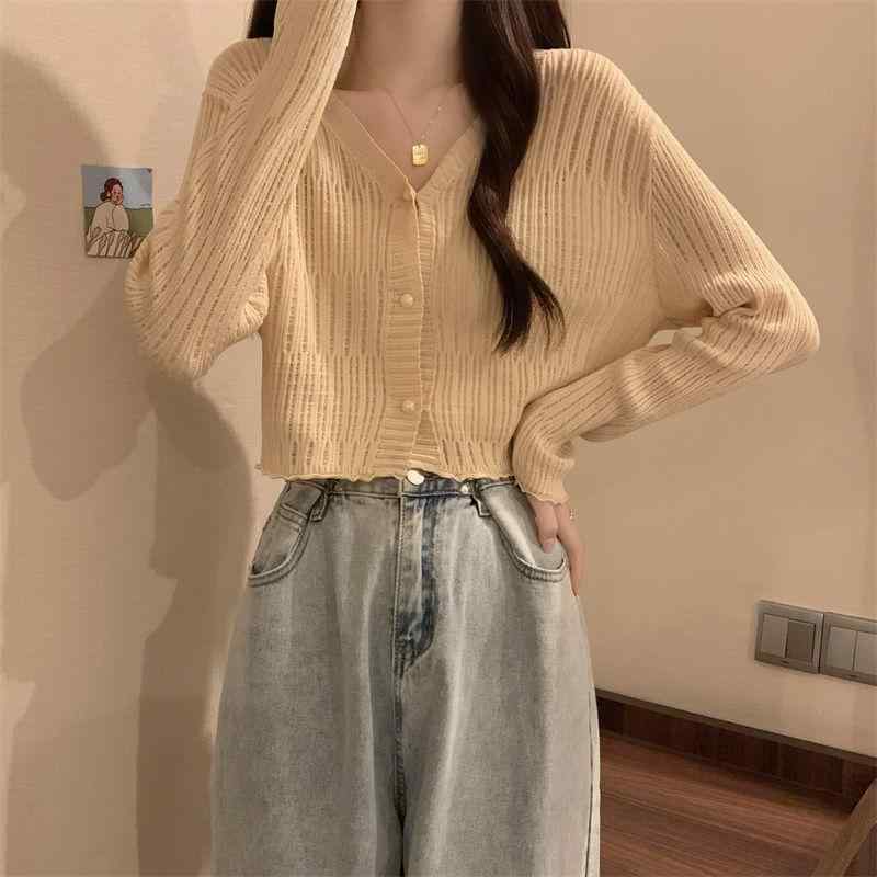 ニットカーディガン レディース 薄手 Vネック 長袖 ショート丈 トップス 紫外線対策 UVカット 通勤 オフィス きれいめ エレガント 黒 白 青 杏色 ピンク 紫 緑(x2)