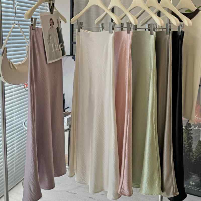 スカート レディース 魚尾スカート マーメイドスカート Aラインスカート ロングスカート ポリエステル 無地 エレガント スタイル 通勤 オフィス 普段使い シャンパン ピンク系 ブラック グレー