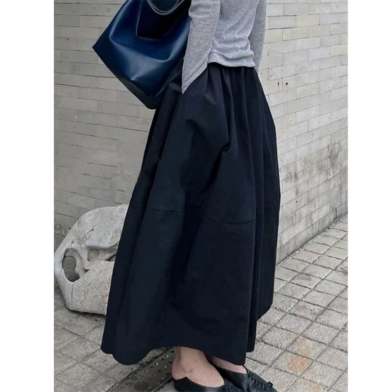 スカート レディース 花柄 バルーンスカート ロング丈 ポリエステル 黒 ブラック ゴムウエスト ハイウエスト Aライン フレア ミモレ丈 きれいめ カジュアル 韓国ファッション