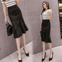 スカート レディース 春夏秋冬 魚尾スカート マーメイドスカート ハイウエスト 着痩せ効果 伸縮性 膝丈 ミモレ丈 無地 ポリエステル 通勤 オフィス カジュアル ブラック レッド