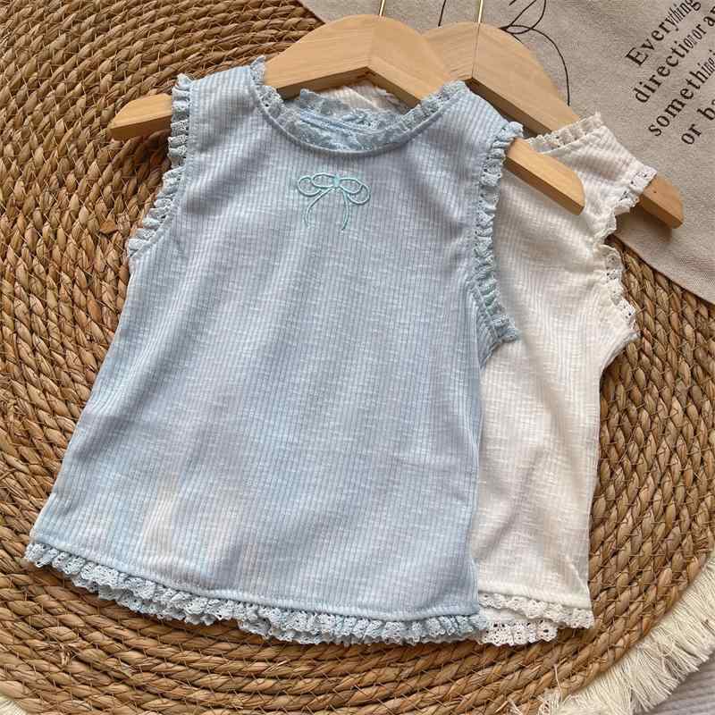 子供服 女の子用 トップス かわいい ノースリーブ 蝶結び コットン 夏物 カジュアル普段着 ホワイト ブ..
