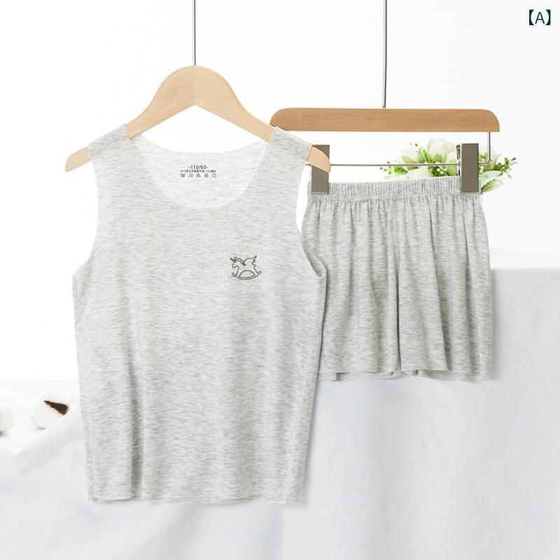 子供用タンクトップ & ショーツセット キッズ 男の子 女の子 再生繊維 接触冷感 薄手 ノースリーブ ルームウェア パジャマ 無地 90cm 100cm 11...