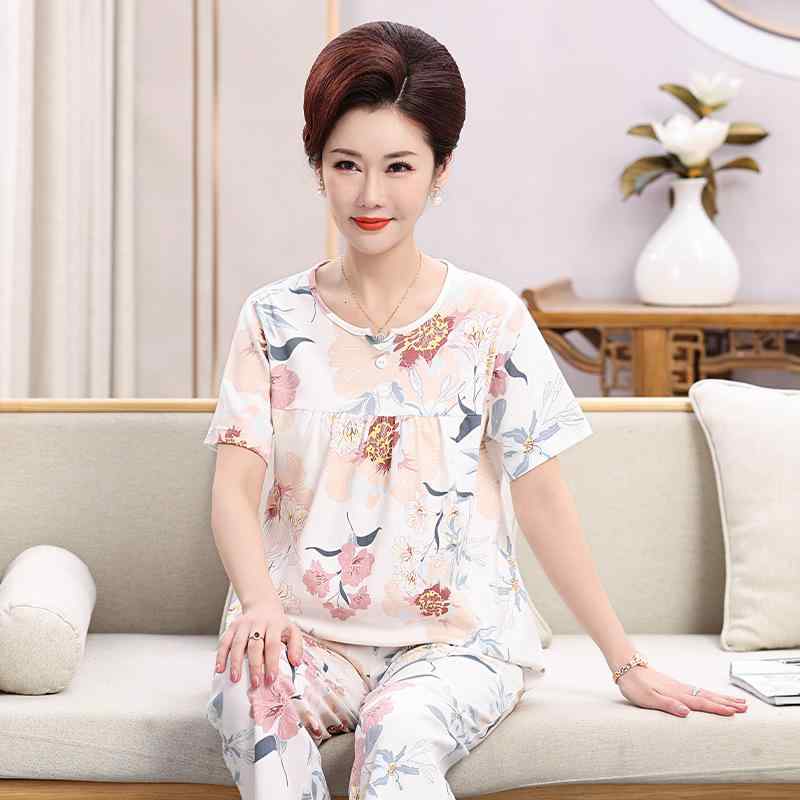 パジャマ レディース ミセス 婦人服 ルームウェア 上下セット 綿100％ 半袖 長ズボン 春夏 薄手 ゆったりサイズ 丸首 寝間着 部屋着