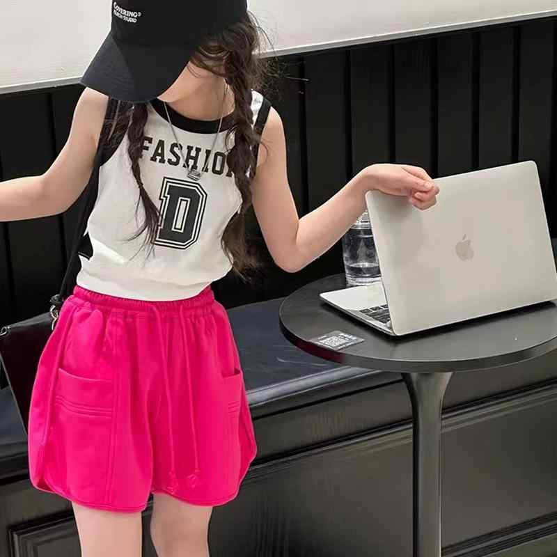 タンクトップ ガールズ 子供服 ノースリーブ トップス カットソー 薄手 コットン100% 街着 普段着 レッスン着 白 黒 ピンク系