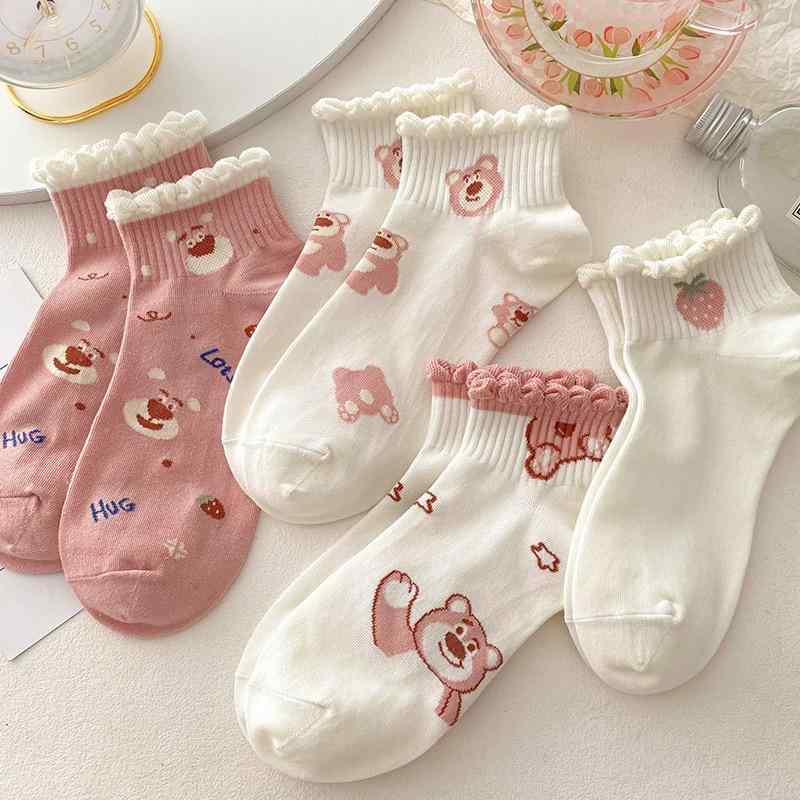 靴下 レディース 春夏 浅履き スニーカーソックス ins かわいい イチゴ クマ柄 レース ポリエステル混紡 カジュアル スウィート 学生 婦人 7色(x2)