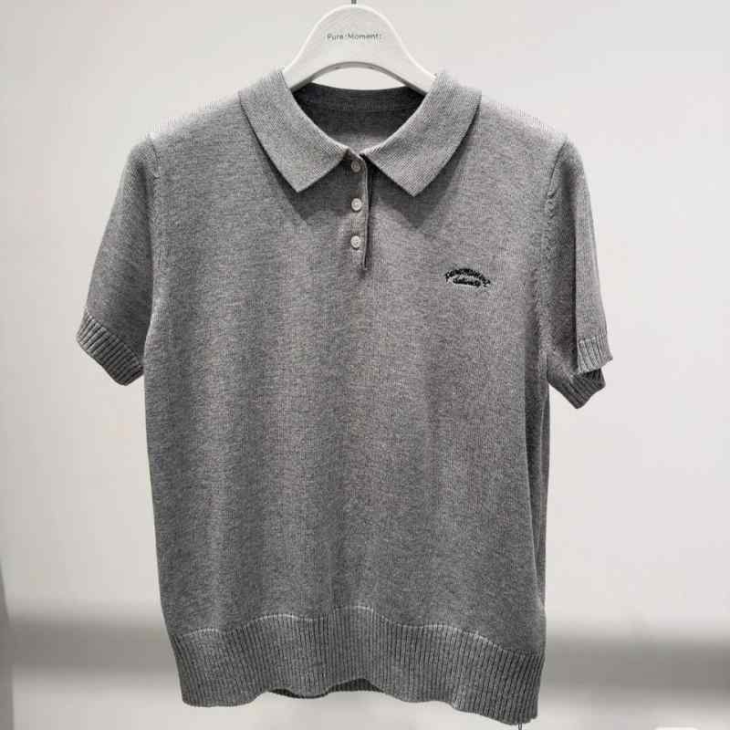 麦わら帽子 レディース グレー ニット 半袖 Tシャツ 夏ニット トップス 薄手 ショート丈 ポロシャツ 通勤 カジュアル