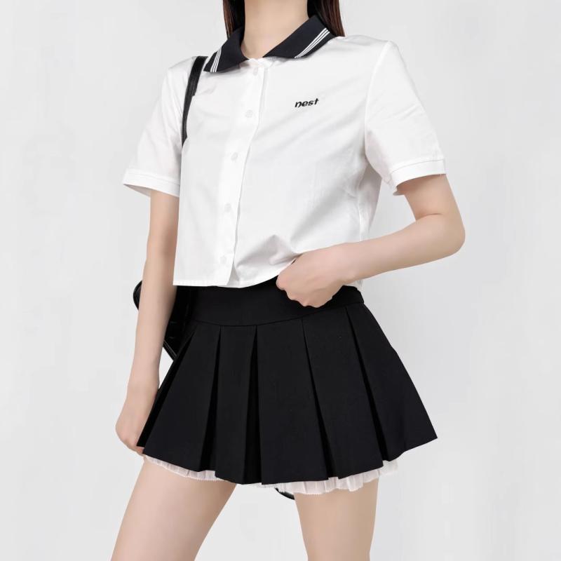 シャツ レディース ポロ襟 半袖 コットン ゆったり カジュアル アルファベット 刺繍 ショート丈 トップス ホワイト 普段使い