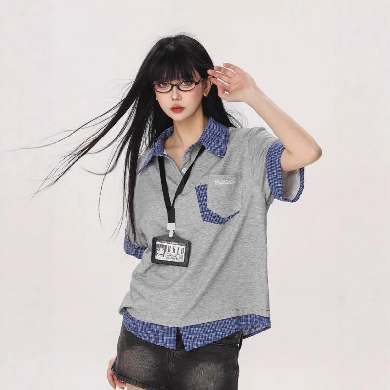 ポロシャツ レディース 配色 切り替え 半袖 ゆったり ポリエステル 通勤着 普段使い 5分袖 トップス ブルー グレー M L XL 2XL 3XL