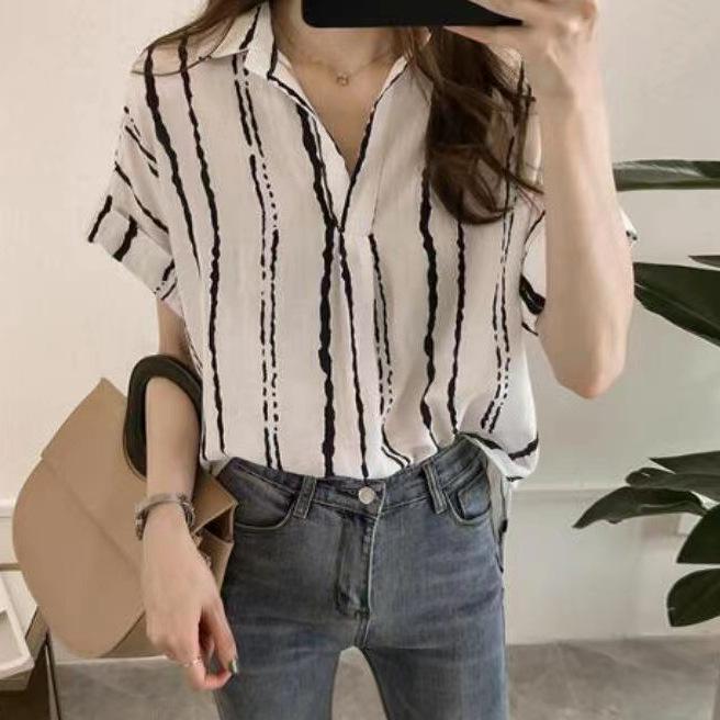 シャツ レディース ストライプ トップス 半袖 ポロネック ブラウス 接触冷感 シフォン ゆったりサイズ 体型カバー 春夏 ホワイト イエロー ブルー