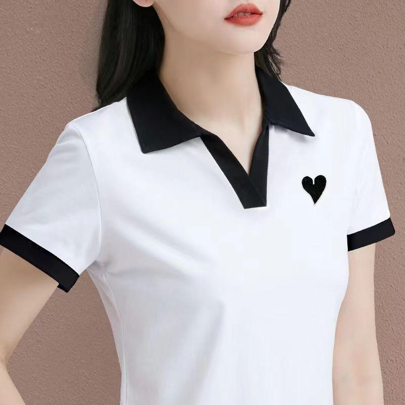 Tシャツ レディース 半袖 ポロシャツ 襟付き ポリエステル トップス 春夏 修身 無地 ブラック ホワイト グレー ブルー かわいい