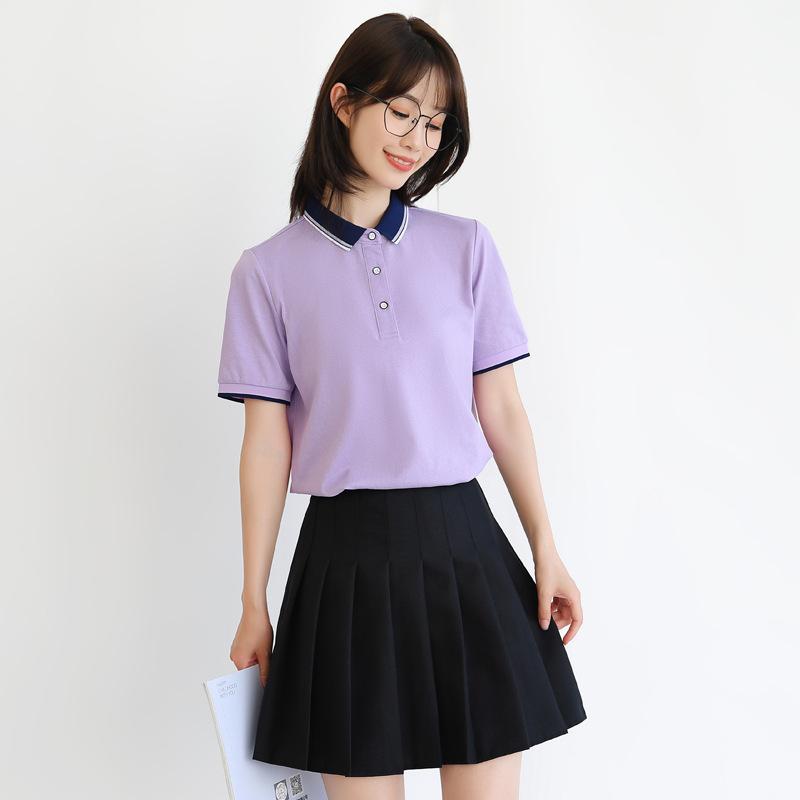 Tシャツ レディース 半袖 ポロシャツ 学院風 トップス コットン 紫色 ストライプ ブルー襟 豆グリーン 百褶スカート 黒 グレー 5分丈パンツ スポーツ ストライプ 長ズボン