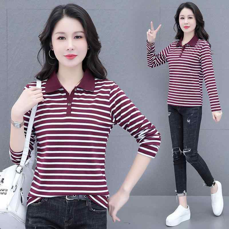 ポロシャツ レディース 長袖 コットン ストライプ カジュアル トップス 配色 ゆったり 伸縮性 体型カバー 普段使い 宝藍 酒红 香芋紫 茶棕 墨绿