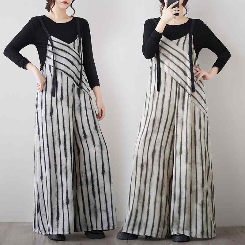 サロペット レディース 春夏 オーバーオール ゆったり ワイドレッグ ストライプ柄 カジュアル ロングパンツ コンビネゾン オールインワン ミディアムグレー オフホワイト(4)