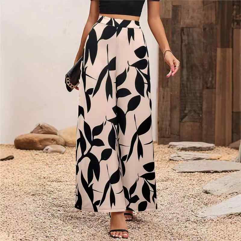パンツ レディース リーフ柄 シフォン ワイドレッグパンツ 高腰 快適 伸縮性なし ブラック ホワイト ピンク系 グリーン 杏色 ブルー 通勤 普段使い 春秋