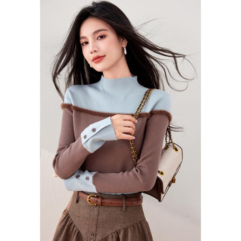 ニット レディース トップス プルオーバー 秋冬 レトロ風 配色 半高ネック 長袖 街頭 カジュアル ブラウン ブラック