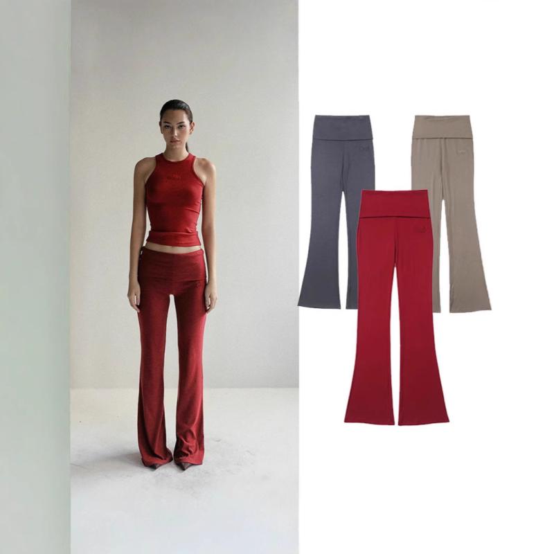 パンツ レディース 喇叭パンツ フレアパンツ 美脚パンツ 刺繡 伸縮性 コットン スラックス ズボン ボトムス カジュアル スタイル 春夏秋冬 煙草色