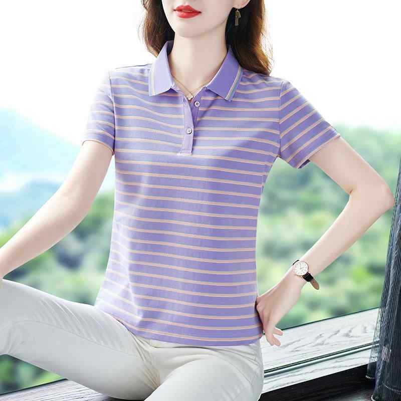 Tシャツ レディース 半袖 襟付き おしゃれ トップス カジュアル ポロシャツ ボーダー柄 ゆったり 紫 湖..