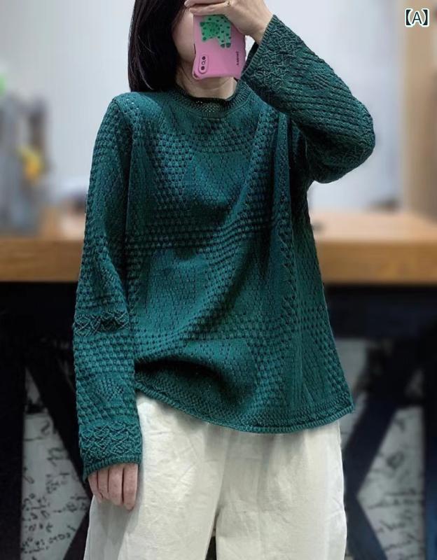 ニット レディース ラウンドネック 無地 長袖 トップス プルオーバー 秋冬 コットン ゆったり 墨緑 绣红 カーキ ブラック 杏色 コーヒー(x2)