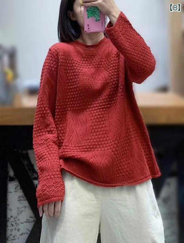 ニット レディース ラウンドネック 無地 長袖 トップス プルオーバー 秋冬 コットン ゆったり 墨緑 绣红 カーキ ブラック 杏色 コーヒー(x2)