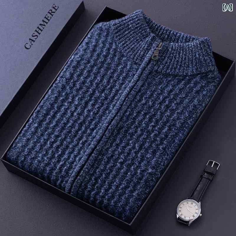 カーディガン メンズ 男性用 ニット ウール 混紡 ハーフハイネック 厚手 ビジネス カジュアル 無地 花ブルー ブラックグレー