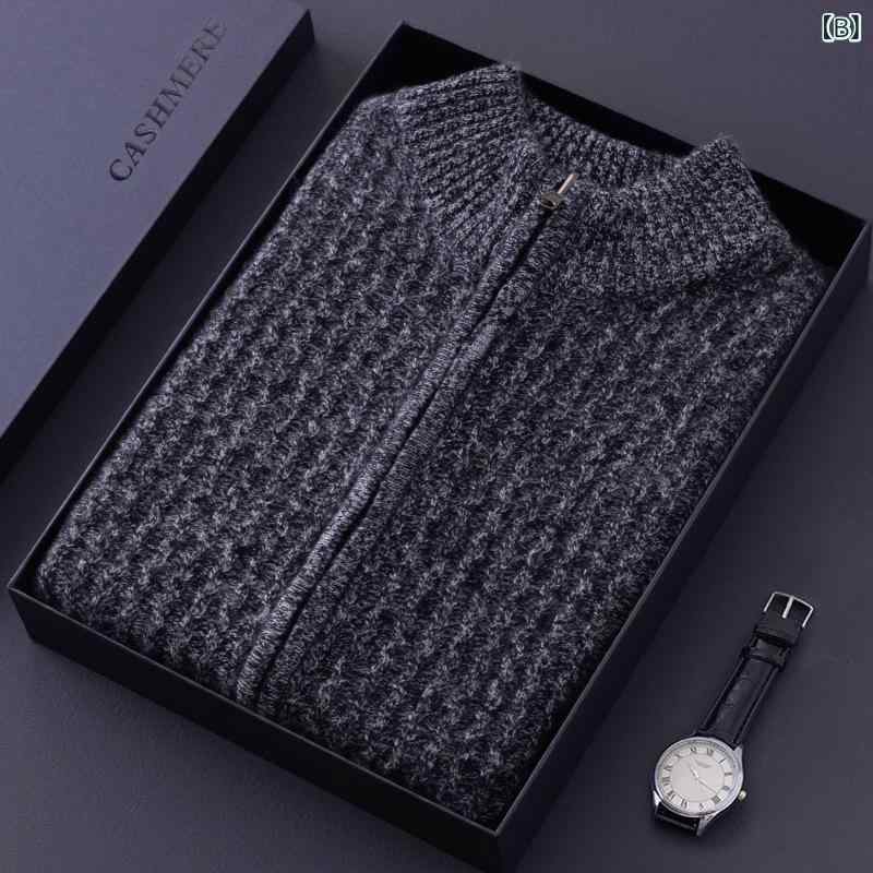 カーディガン メンズ 男性用 ニット ウール 混紡 ハーフハイネック 厚手 ビジネス カジュアル 無地 花ブルー ブラックグレー