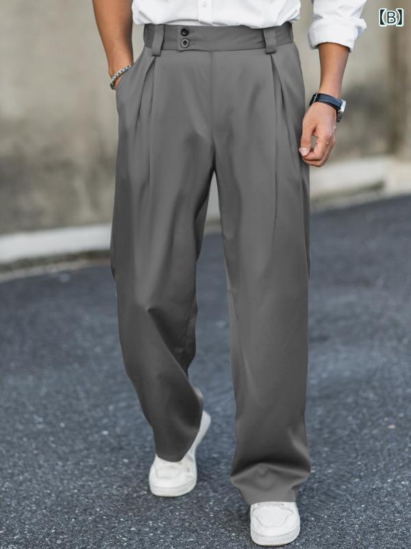 メンズ スラックス センタープレス ストレートパンツ 韓国 イージーパンツ 黒 ブラック グレー ポリエステル混紡 シワ加工 普段使い