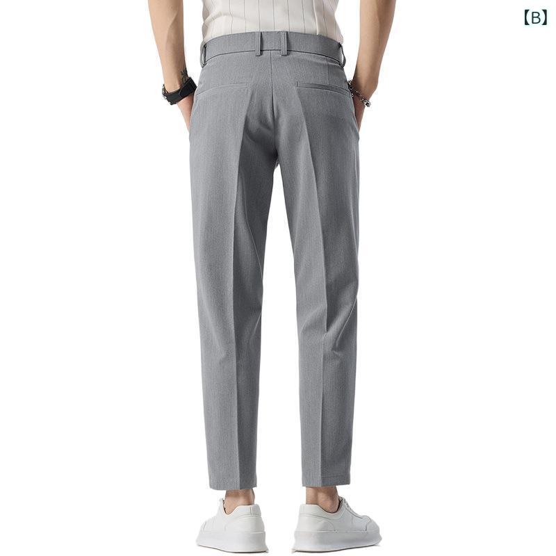 パンツ メンズ 男性用 ストレッチ テーパードパンツ 薄手 スラックス 9分丈パンツ 春夏 ズボン コットン ポリエステル混紡 ポケット付き 黒 ブラック グレー 紺 ネイビー