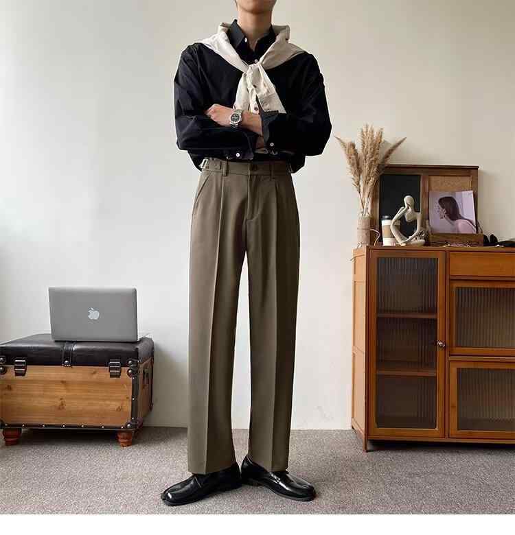 スラックス メンズ ダブルタック ストレート テーパード イージーパンツ ビジネス オフィス カジュアル ゆったり 高見え ブラック ブラウン ポリエステル(x...