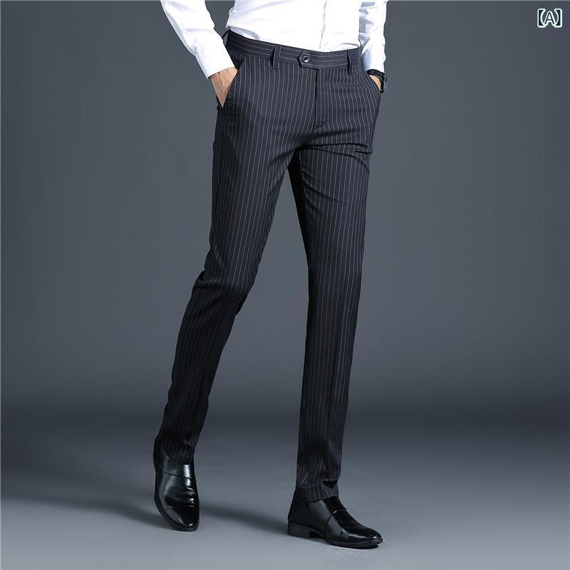 メンズ スラックス 春秋 薄手 厚手 ストライプ柄 ビジネス カジュアル パンツ ポリエステル 直筒型 黒 ブラック グレー