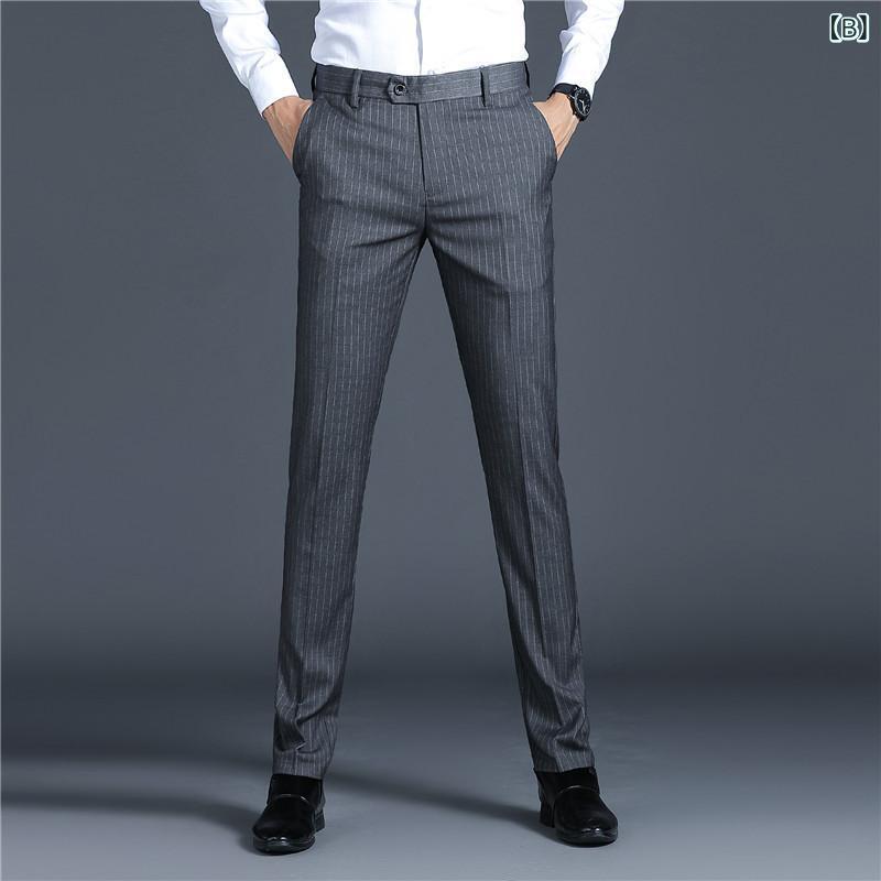 メンズ スラックス 春秋 薄手 厚手 ストライプ柄 ビジネス カジュアル パンツ ポリエステル 直筒型 黒 ブラック グレー