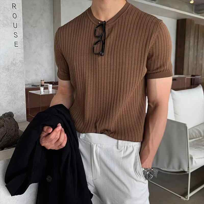 Tシャツ メンズ 男性用 半袖 ニット カットソー ストレッチ 韓国 ルーズ ゆったり アメカジ トップス 春夏