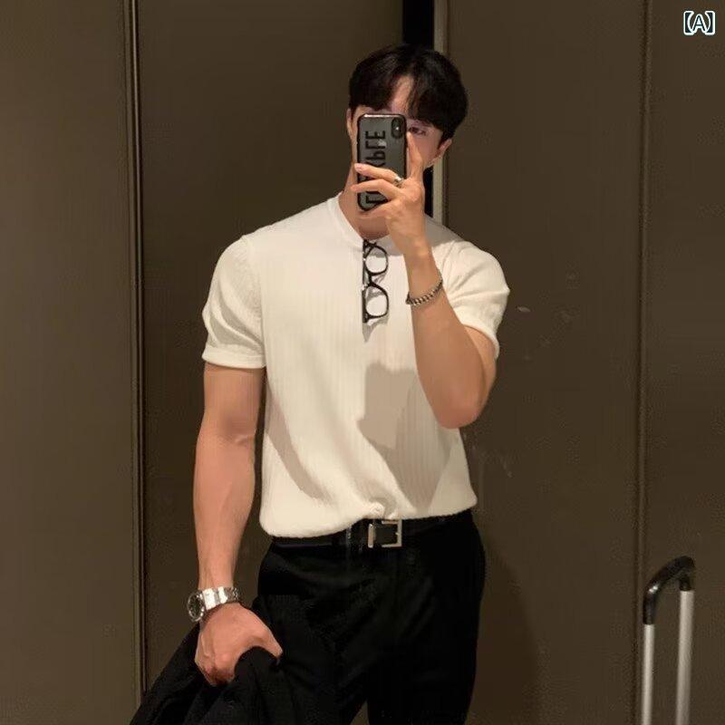 Tシャツ メンズ 男性用 半袖 ニット カットソー ストレッチ 韓国 ルーズ ゆったり アメカジ トップス 春夏