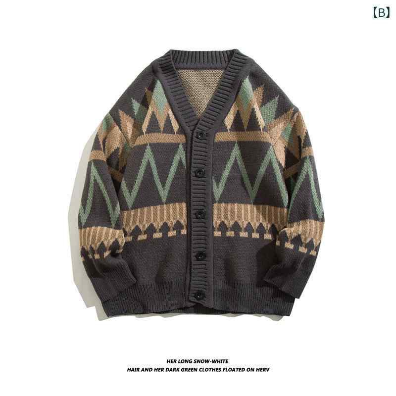 ニットカーディガン メンズ レトロ Vネック 配色 コットン混紡 ケーブル編み カジュアル ゆったり 厚手 秋冬 ブラック系 カーキ(x2)