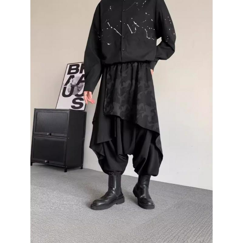 スカート付きパンツ メンズ 大人のリラックスウェア サルエルパンツ風 ブラック 無地 ゆったりシルエット 8分丈パンツ テーパードパンツ 中腰 コットン混紡 春夏秋冬 普段使い 部屋着(x2)