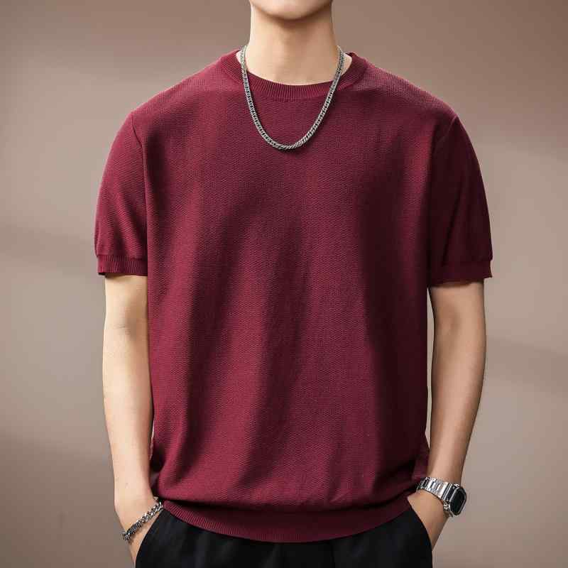 ニット メンズ 半袖ニットTシャツ 夏ニット スリムフィット クルーネック 無地 通気性 接触冷感 普段使い トップス カットソー 酒紅 白 黒 木緑 驼杏