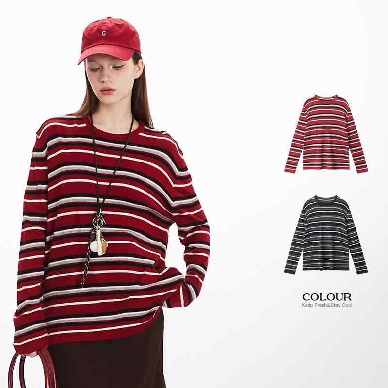 ニット メンズ 配色 ボーダー柄 クルーネック プルオーバー トップス 長袖 春秋 カジュアル スポーティー リラックス ウェア 普段着